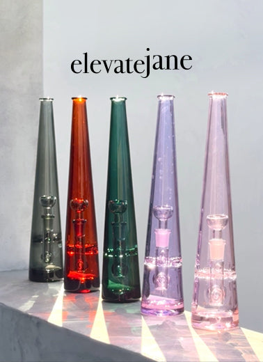 Five Elevate Jane bongs in a row featuring different colors all made from borosilicate glass