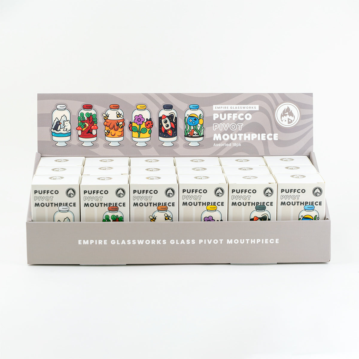 Assorted Puffco Pivot Mouthpieces by Empire Glassworks shown in retail packaging with included display stand.
