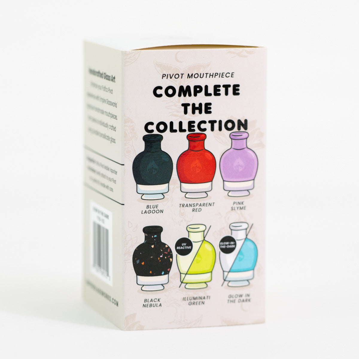 Empire Glassworks Puffco Pivot mouthpiece box showing complete color collection artwork