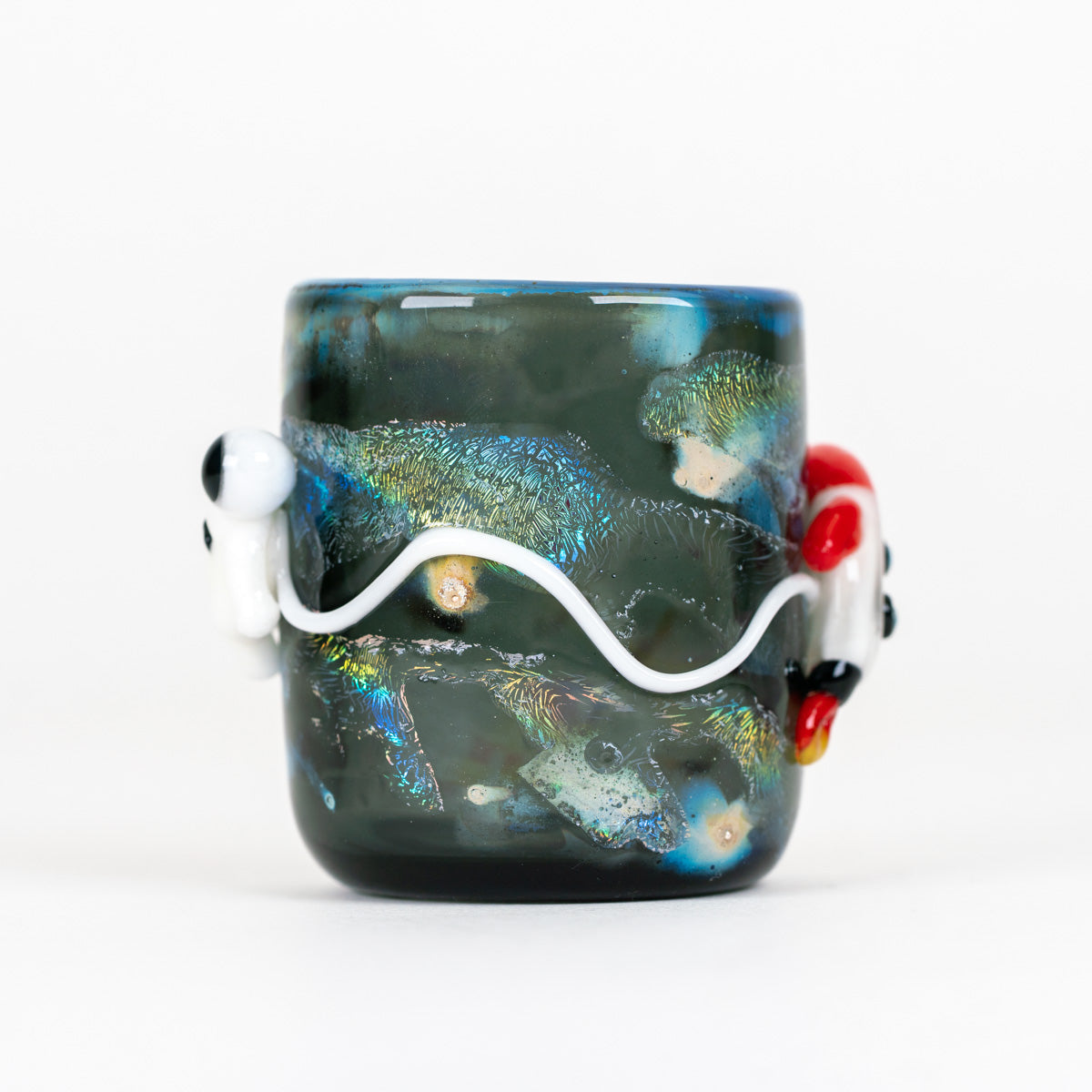 Handmade Across the Universe Puffco Proxy Core glass attachment with swirling blue, teal, and iridescent details