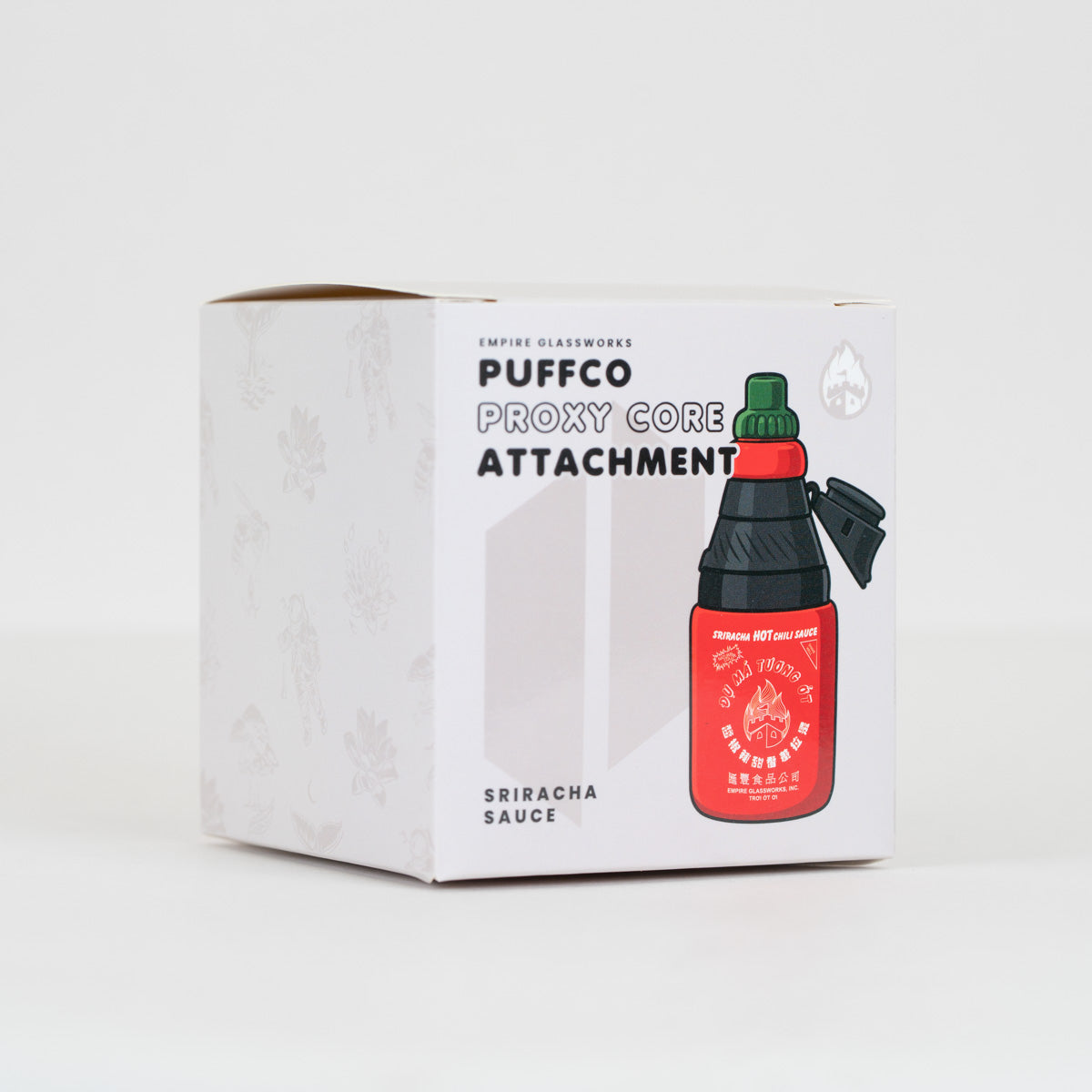 Puffco Proxy Core glass attachment inspired by a classic Sriracha hot sauce bottle with green cap detail