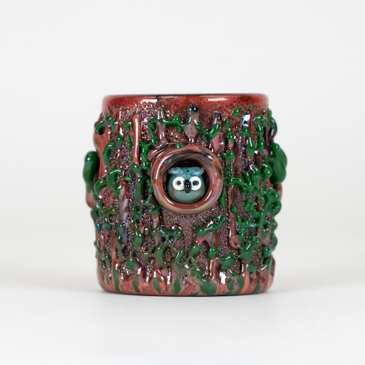 Handmade Puffco Proxy Core glass attachment featuring a detailed redwood tree design and miniature owl