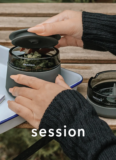 A glass stash jar made by Empire Glassworks for the contemporary smoking brand, Session Goods